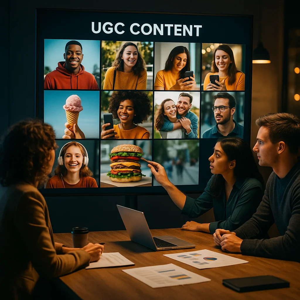 A marketing team analyzing user-generated content on a large screen, showcasing the benefits of using UGC creators for brands.