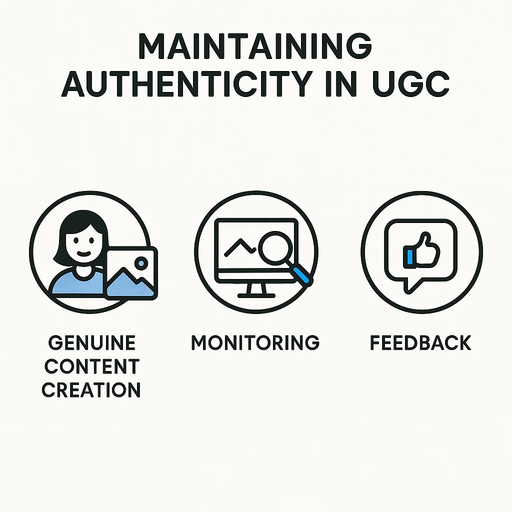Infographic showing best practices for maintaining authenticity in UGC, including genuine content creation, monitoring, and feedback.