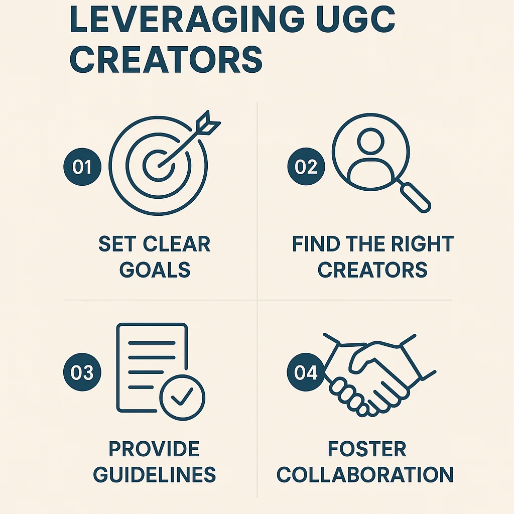 Infographic showing best practices for leveraging UGC creators, with icons and brief descriptions for each step.
