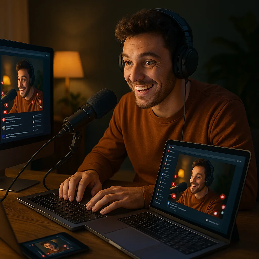 A content creator engaging with a growing online audience on various devices.