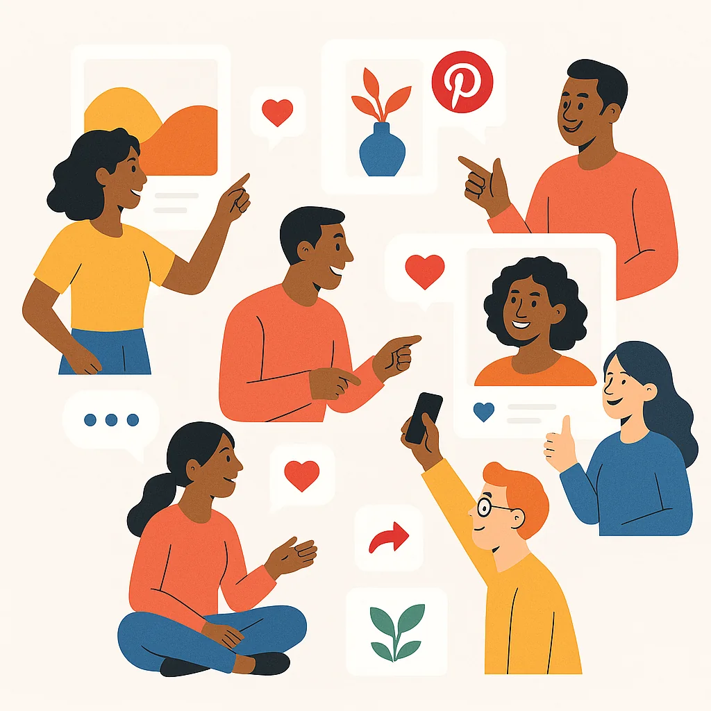 Illustration of a vibrant Pinterest community engaging with each other through comments, likes, and shares.