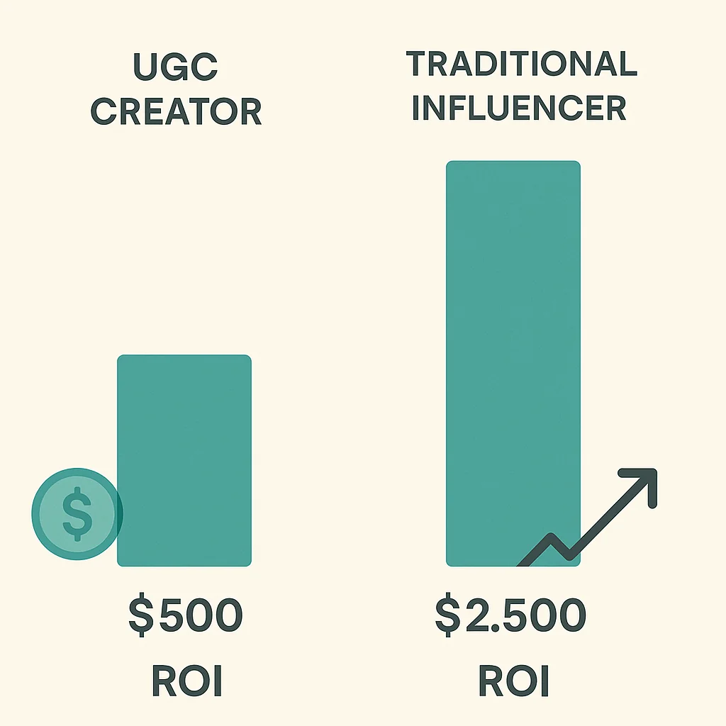 Infographic showing a cost comparison and ROI analysis between UGC creators and traditional influencers, with clear metrics and growth icons.
