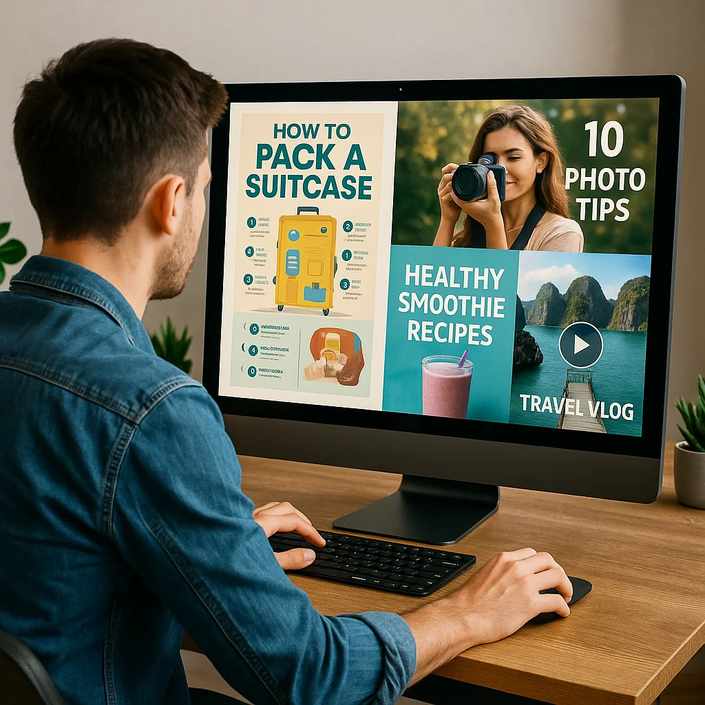 A designer creating visually appealing Pinterest pins on a computer, showcasing different types of engaging content.