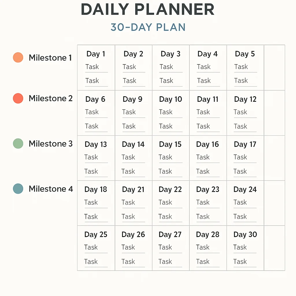Infographic displaying a 30-day plan with daily tasks and milestones for becoming a UGC creator.