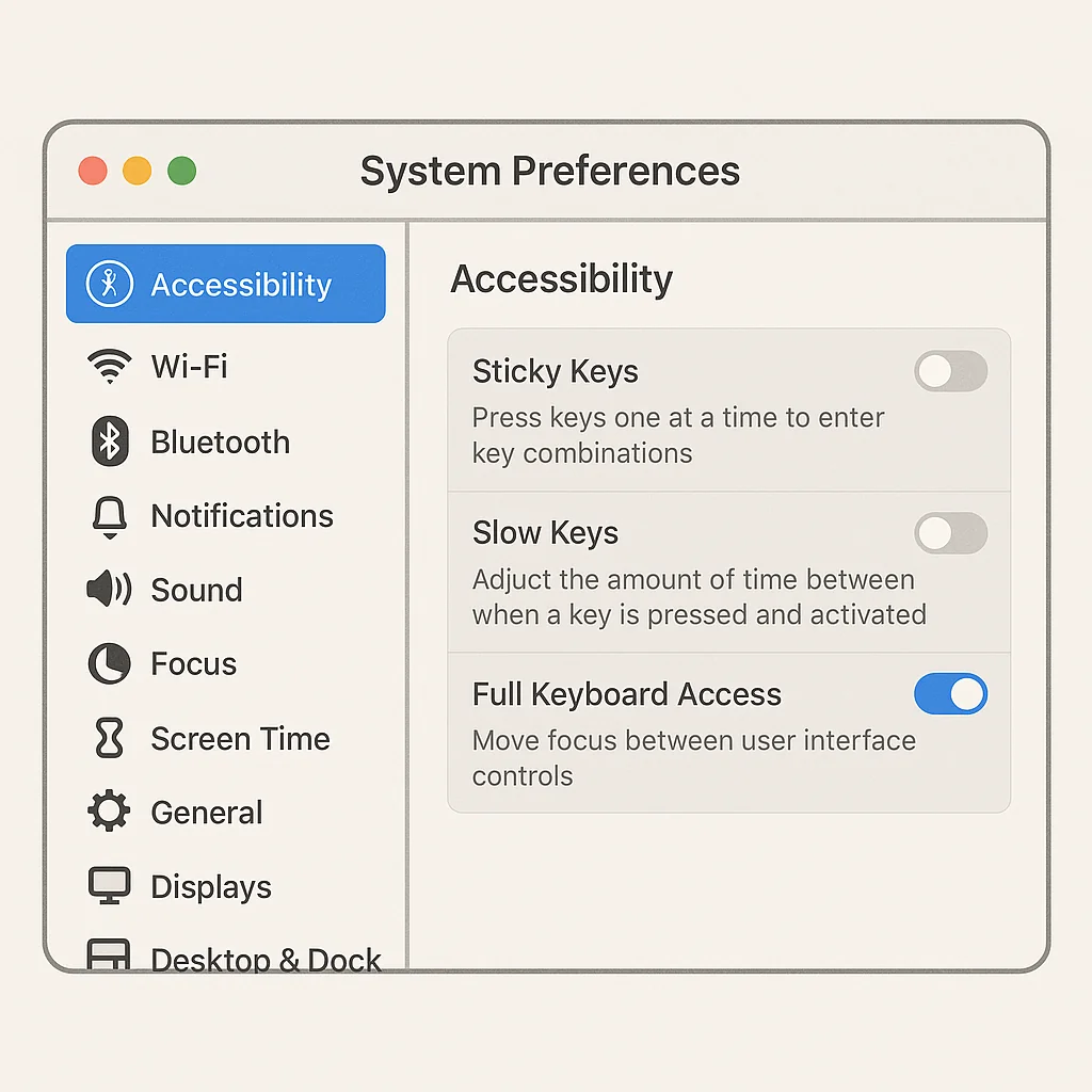 Illustration of macOS System Preferences showing how to disable sticky keys in the Accessibility and Keyboard settings.