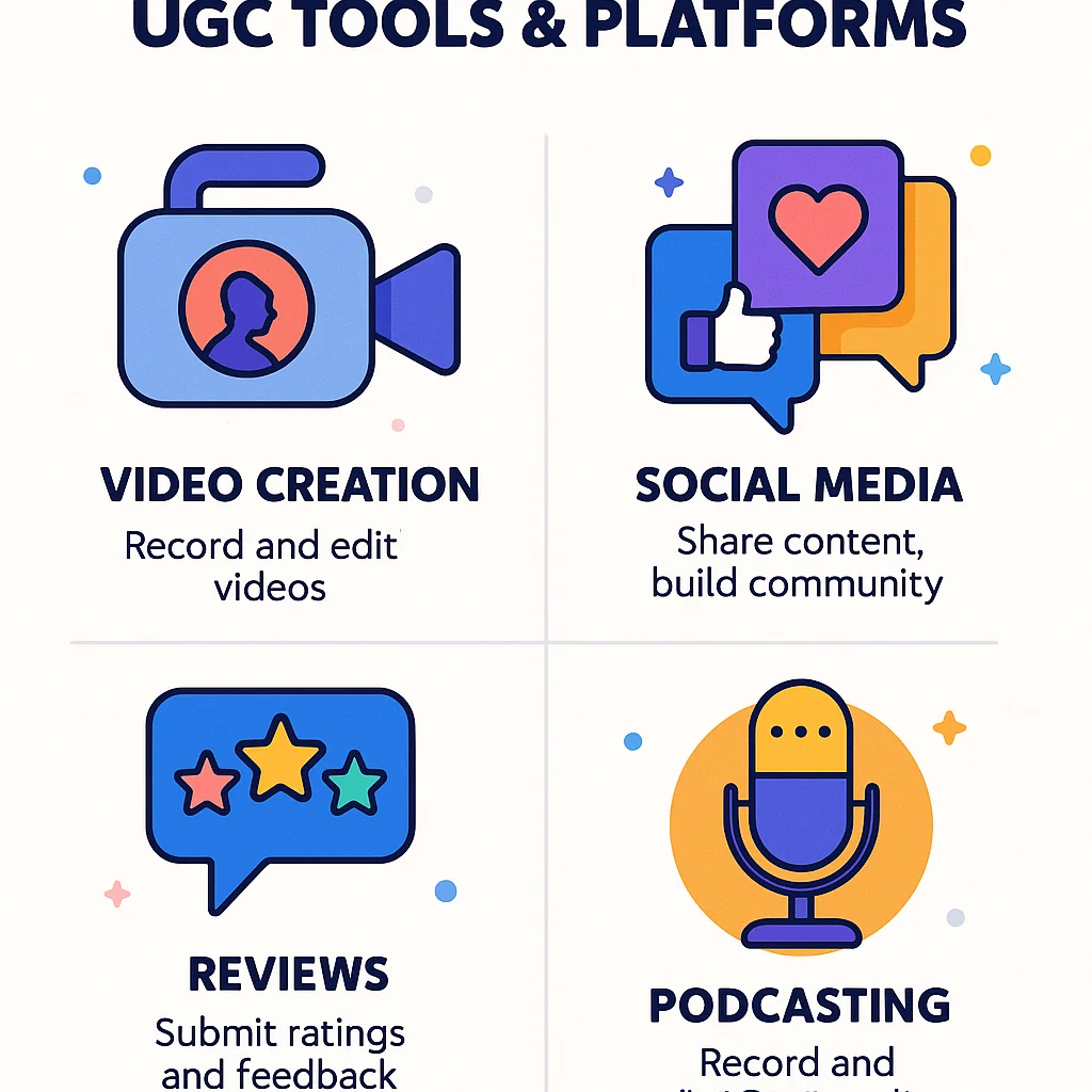 Illustration of various tools and platforms essential for UGC creation, with icons and brief descriptions.