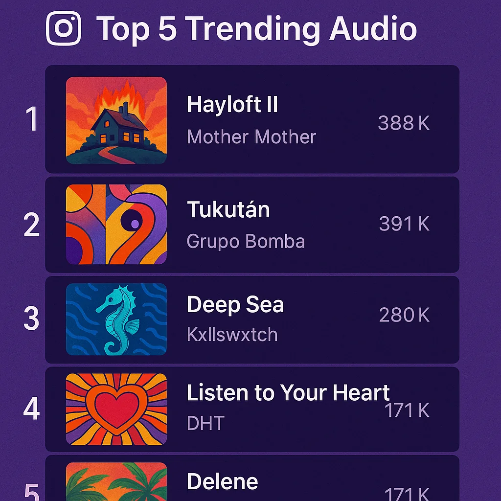 Illustration of a playlist featuring the top 5 trending audio tracks on Instagram, with album art and popularity metrics.