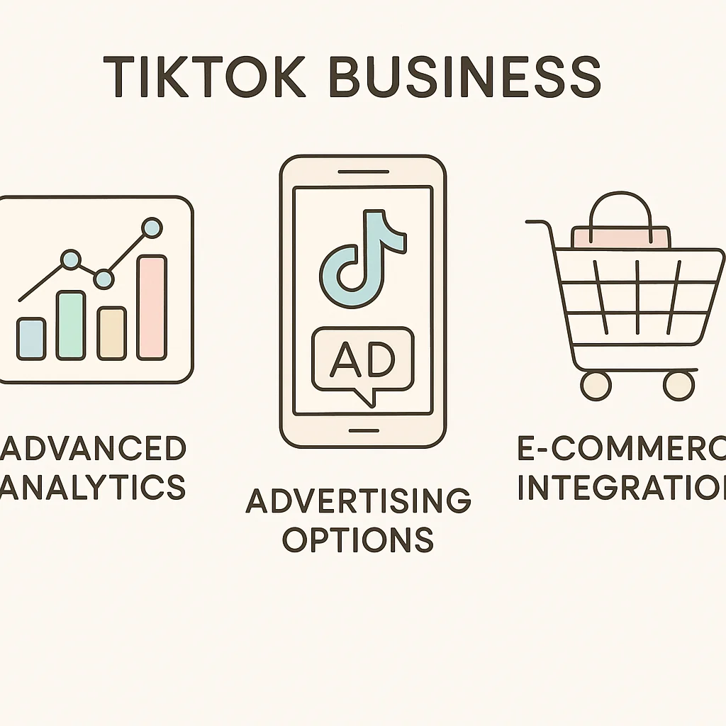 Infographic detailing the features of TikTok Business accounts including advanced analytics, ads, and e-commerce.