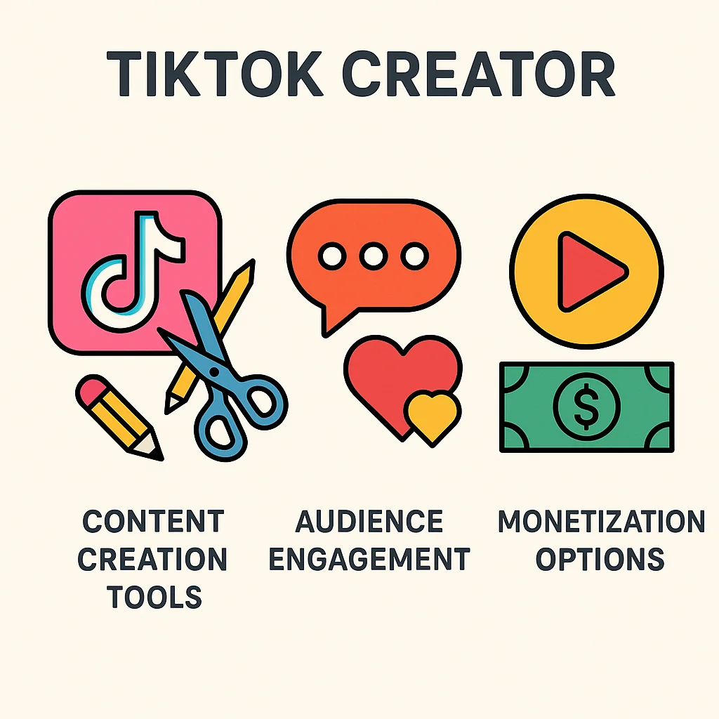 Infographic highlighting the features of TikTok Creator accounts including content creation tools, engagement features, and monetization.