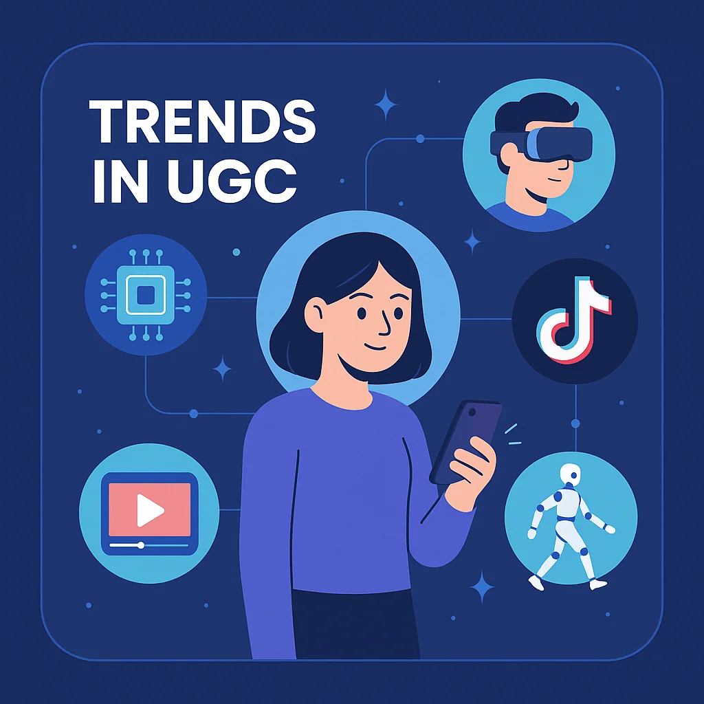 Illustration depicting emerging trends in UGC, including new technologies and platforms, with a futuristic design.
