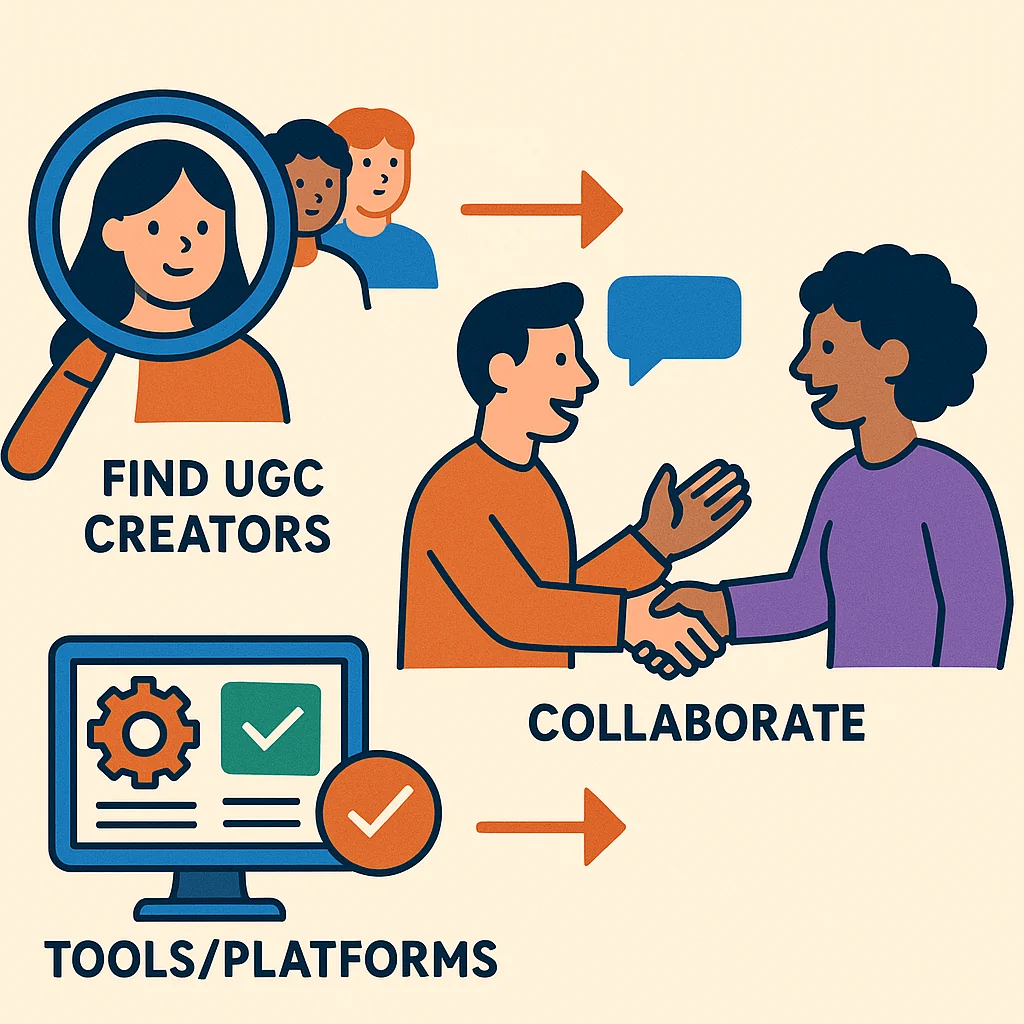 Illustration showing a step-by-step guide to hiring and working with UGC creators, including finding creators, collaboration, and tools.