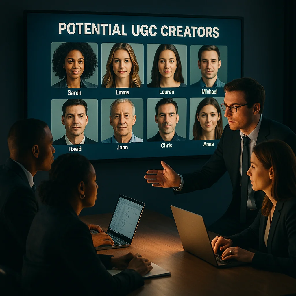 A business team analyzing profiles of potential UGC creators on a large screen, showcasing collaboration strategies.