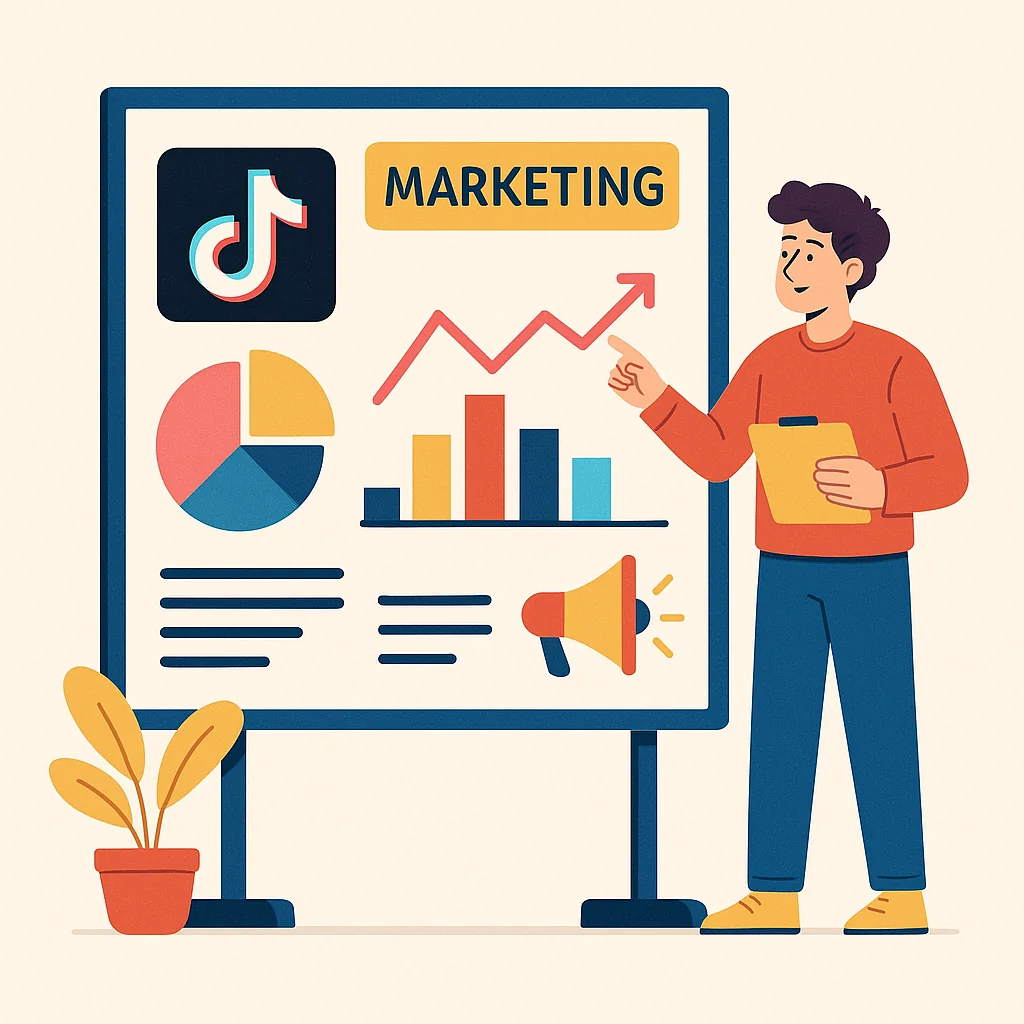 Illustration of a marketer integrating TikTok insights with a broader marketing strategy.