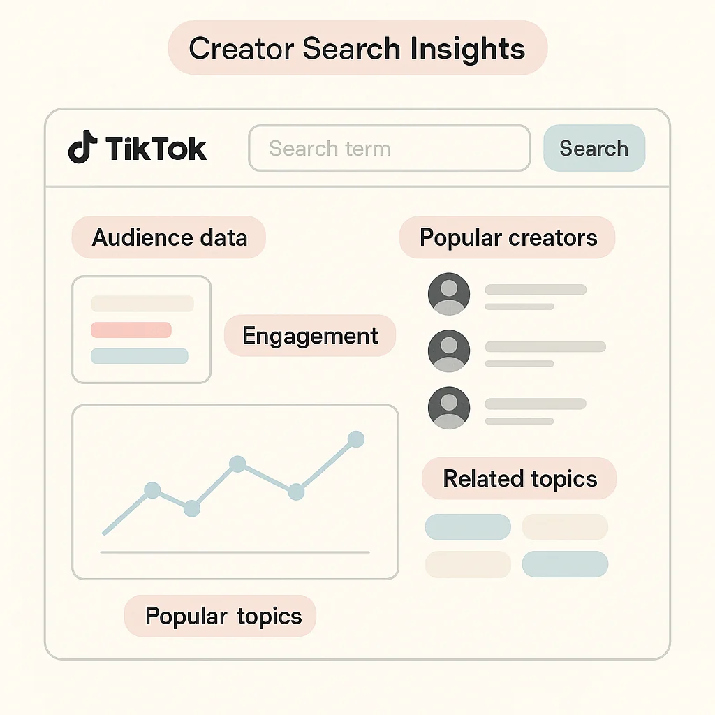Infographic showing the interface and key features of TikTok’s Creator Search Insights tool.