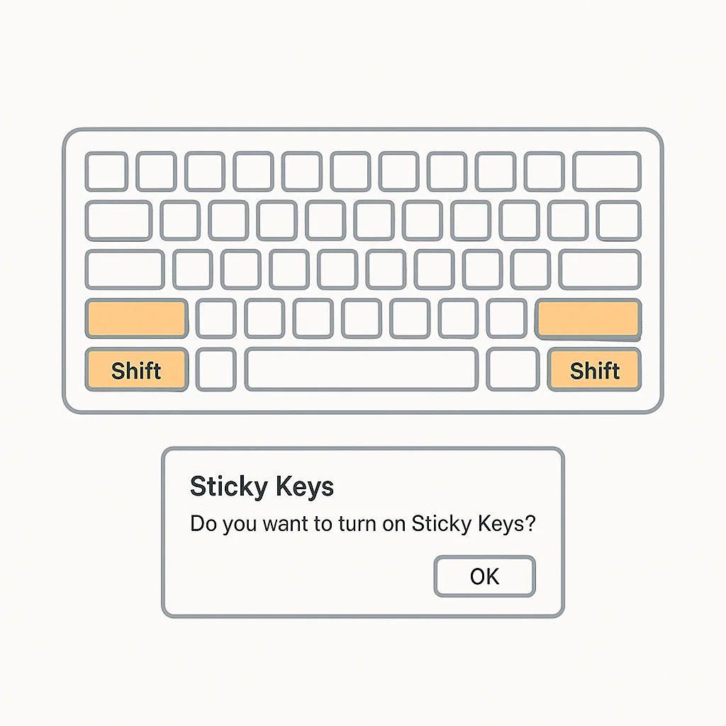 Infographic explaining Sticky Keys, showing a keyboard with highlighted Shift keys and a pop-up message.