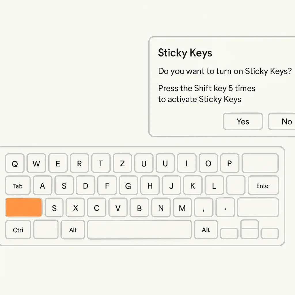 Infographic explaining Sticky Keys activation with highlighted Shift keys on a keyboard.