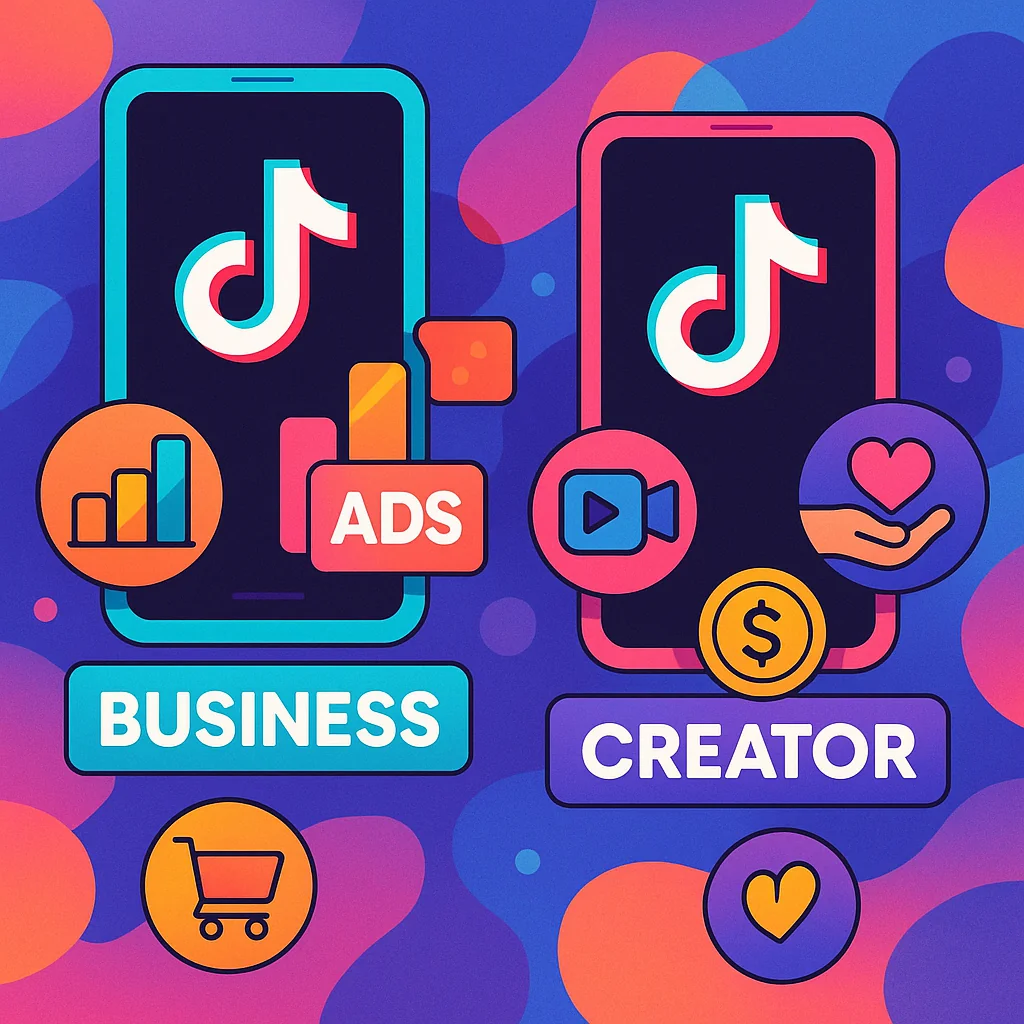 Illustration of TikTok Business and Creator account types with their respective icons and features.