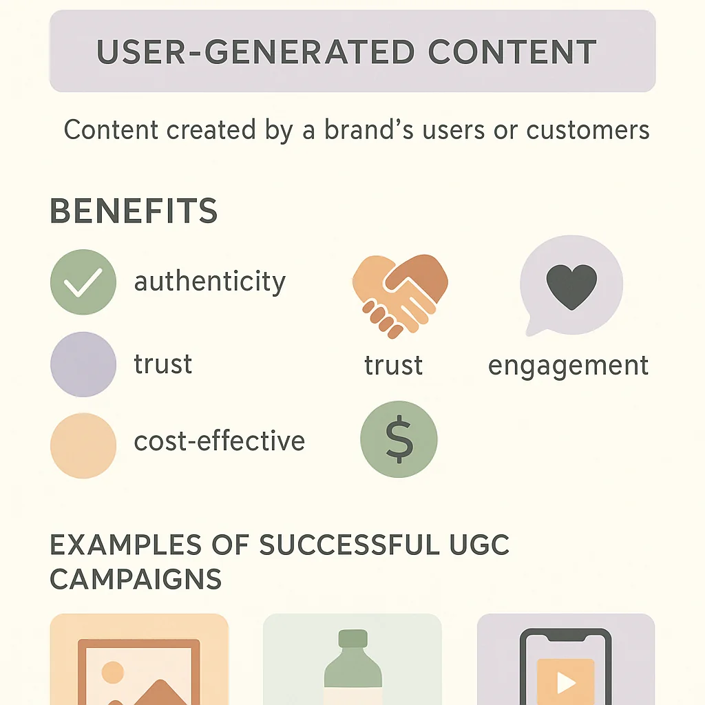 Infographic explaining the definition and benefits of UGC with examples of successful UGC campaigns.
