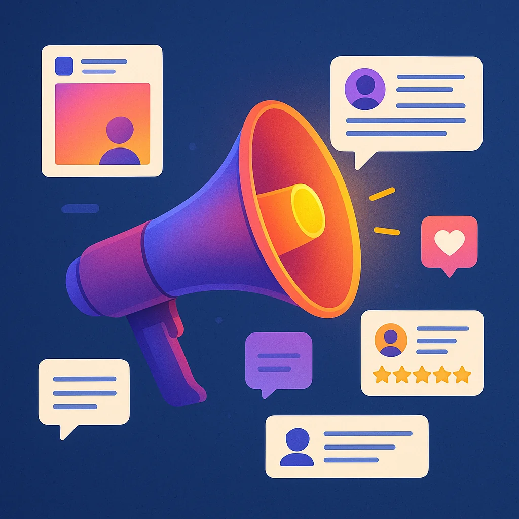 Illustration of a megaphone surrounded by user-generated content elements, highlighting the importance of UGC in marketing.