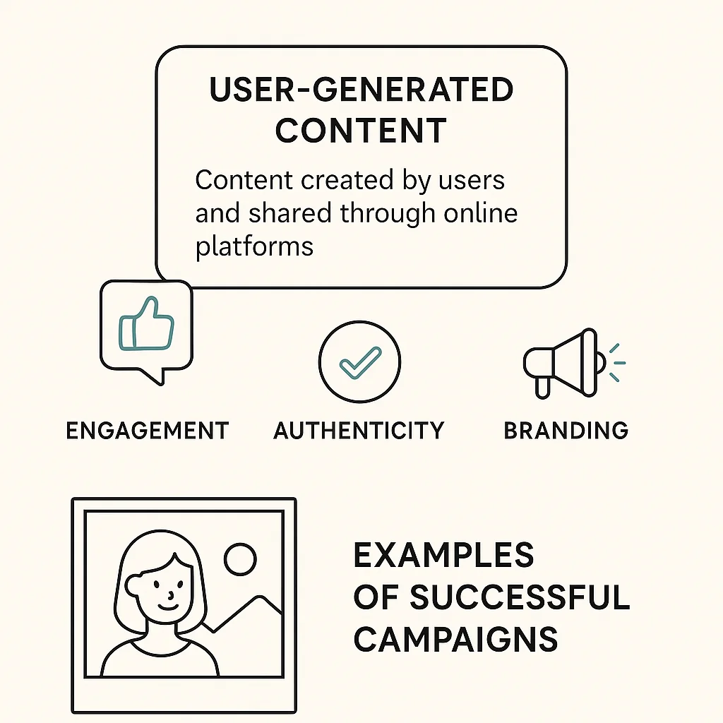 Infographic explaining the definition and benefits of user-generated content with examples of successful campaigns.