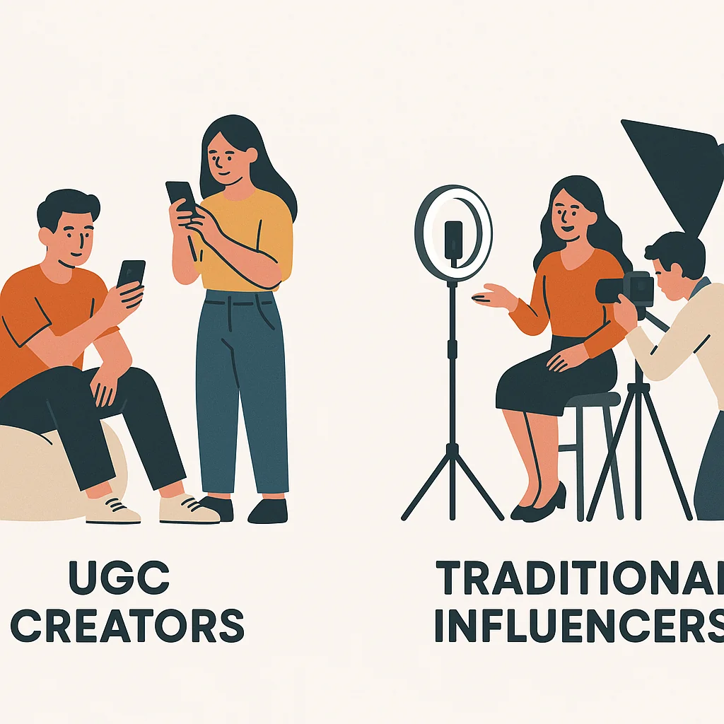 Infographic comparing UGC creators using smartphones in casual settings and traditional influencers in professional studio setups.