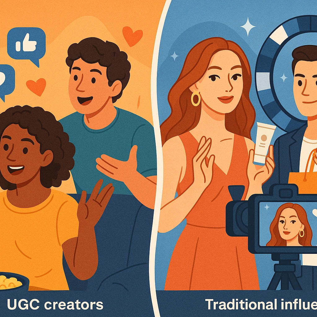 Illustration showing UGC creators engaging authentically with their audience and traditional influencers showcasing polished content.