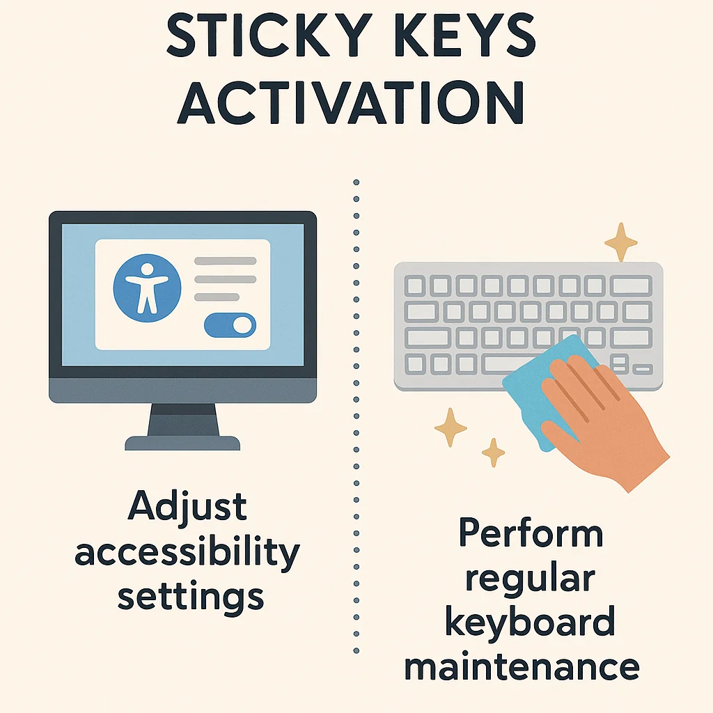 Infographic showing preventive measures to avoid sticky keys activation, including adjusting accessibility settings and regular keyboard maintenance.