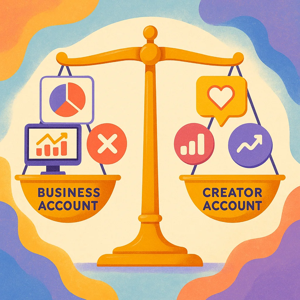 Illustration of the pros and cons of TikTok Business and Creator accounts with a balanced scale.