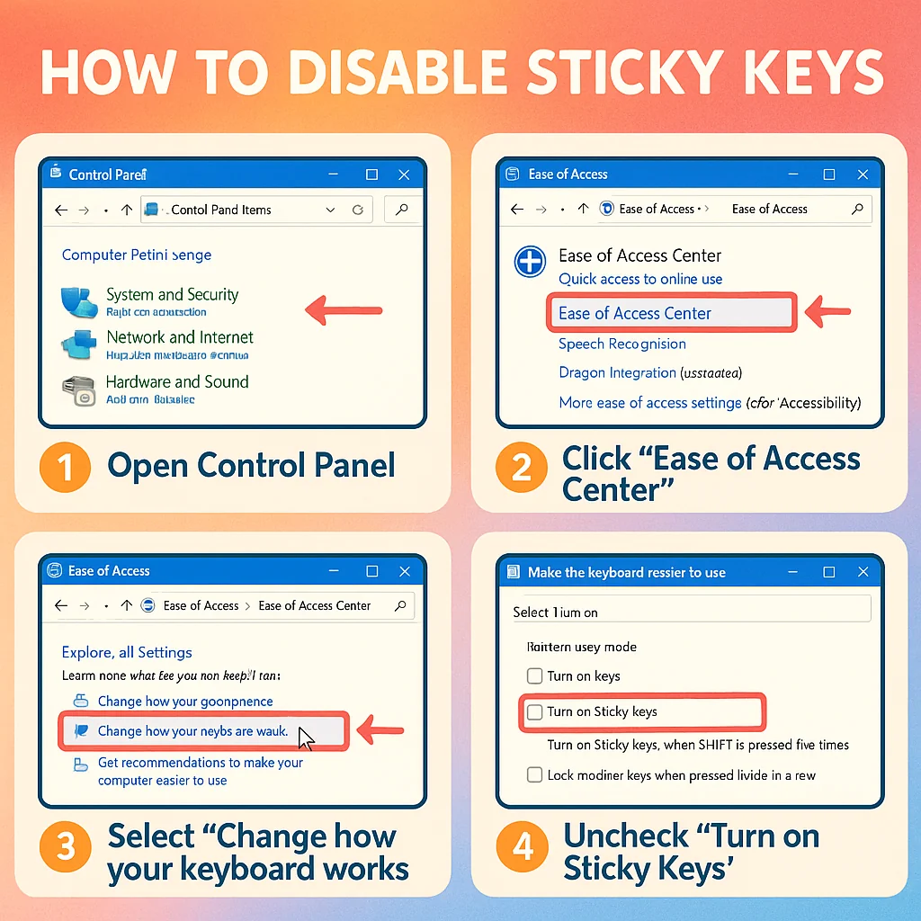 Illustration of a step-by-step guide to disable Sticky Keys, with screenshots of the Control Panel and Ease of Access settings.