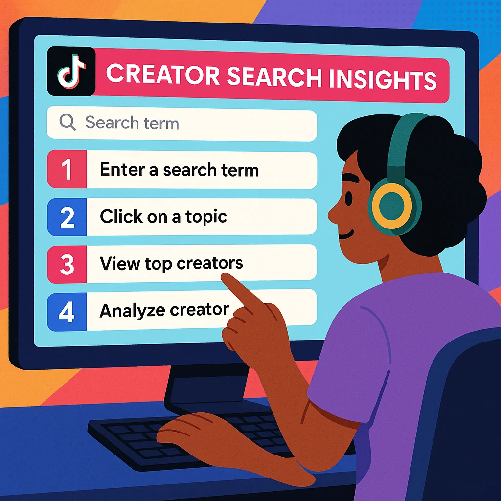 Illustration of a step-by-step guide on using TikTok’s Creator Search Insights tool.