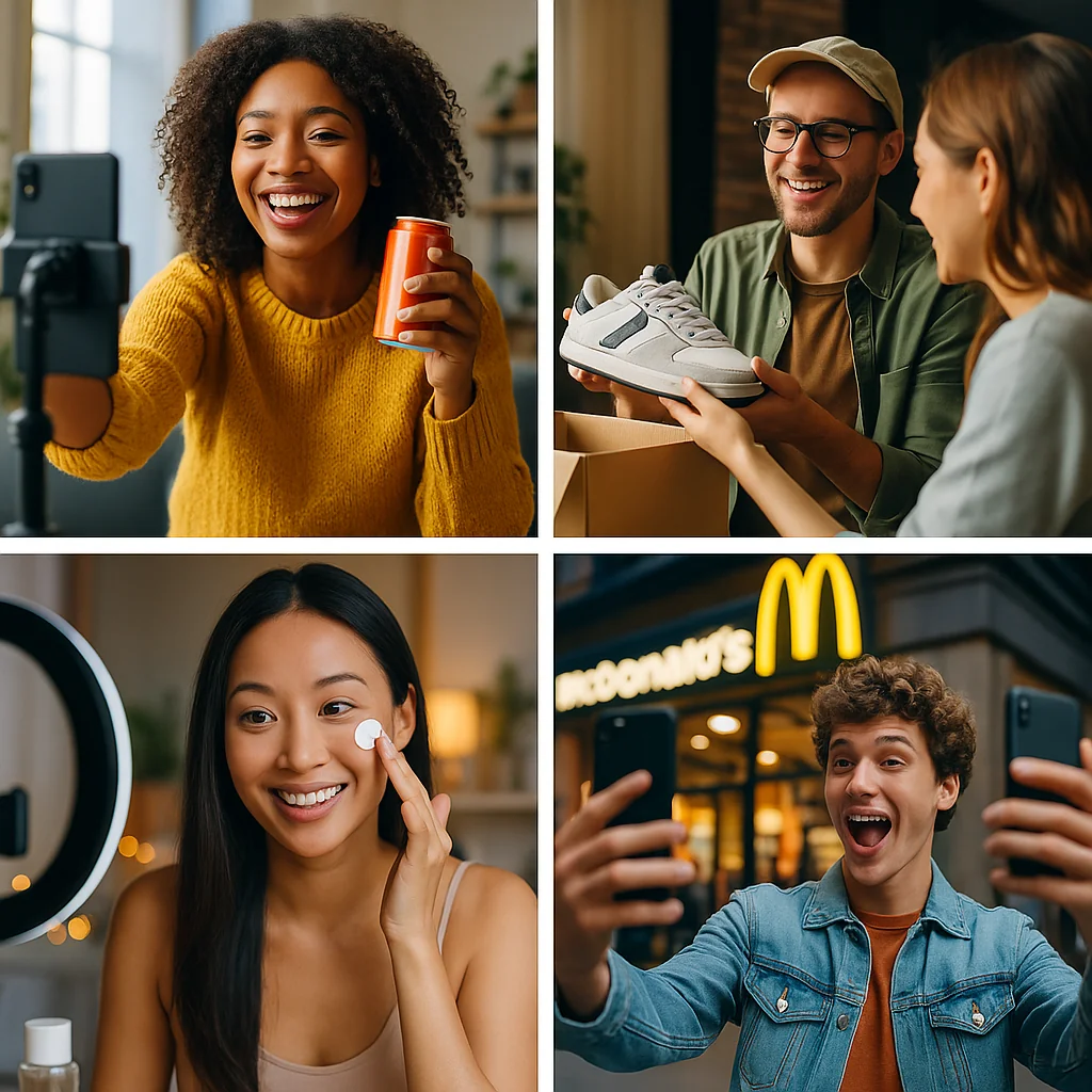 Photorealistic montage of successful UGC campaigns with brands and creators interacting, highlighting effectiveness.