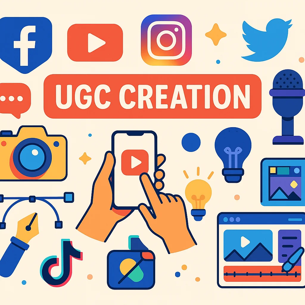 Illustration of various tools and platforms for UGC creation, including social media icons and digital tools.