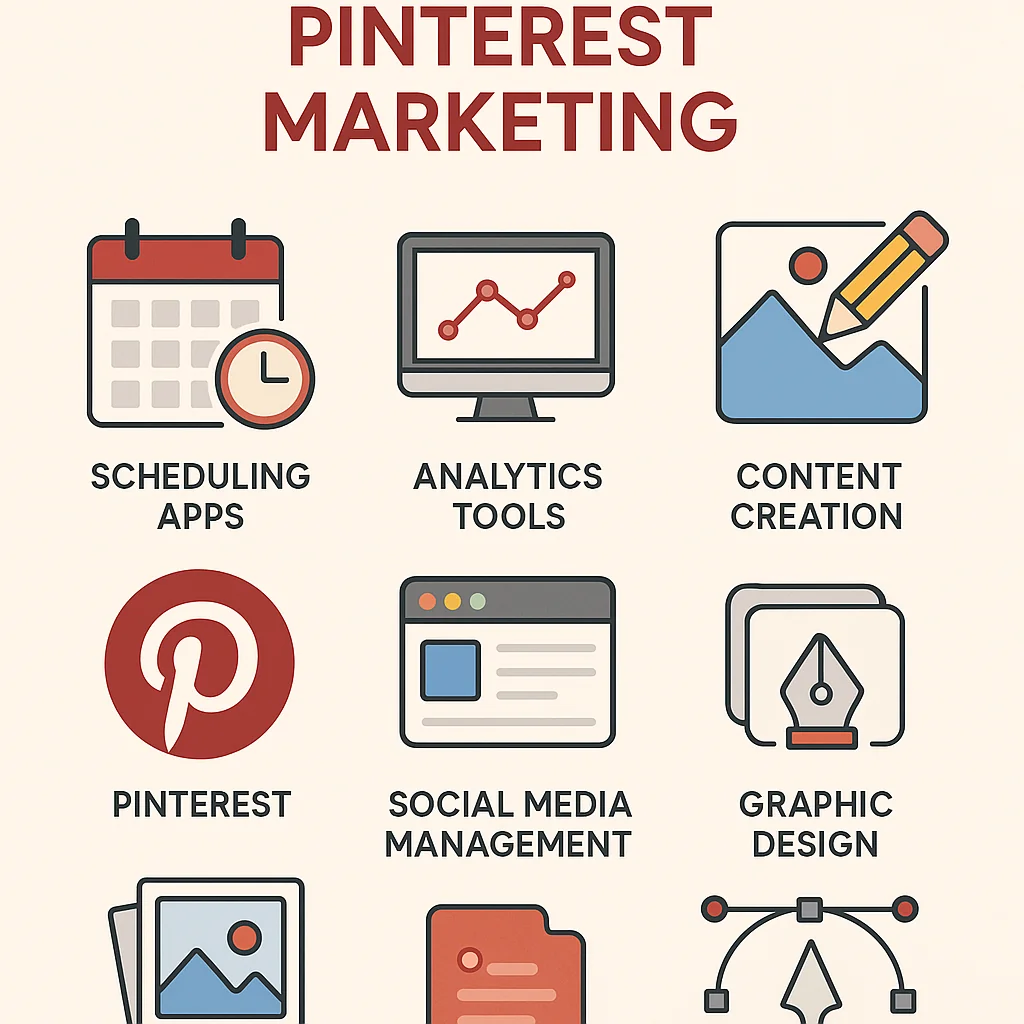 Infographic showcasing various tools and resources for Pinterest marketing, including scheduling apps, analytics tools, and content creation resources.