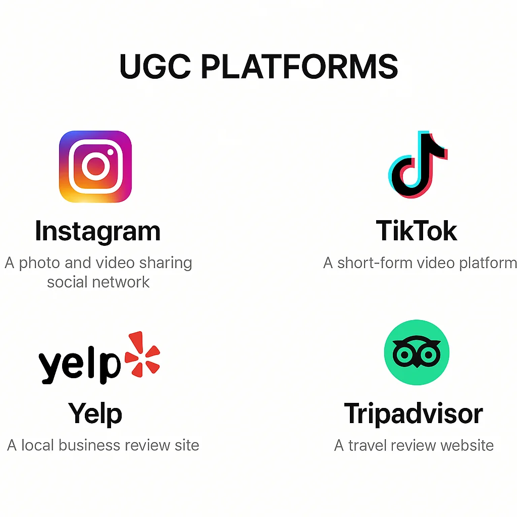 Digital interface showcasing various UGC platforms like Instagram, TikTok, Yelp, and TripAdvisor, highlighting their features for marketing.