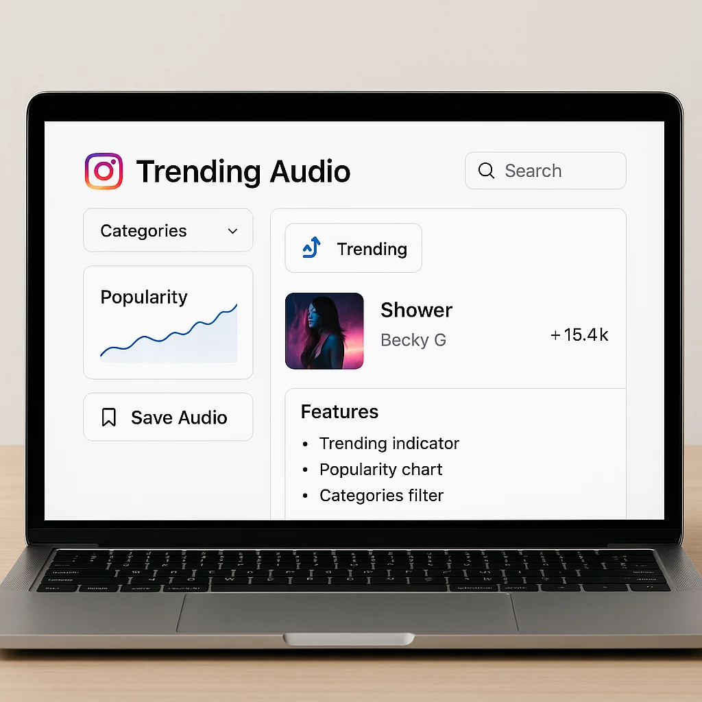 Laptop screen showing various tools for tracking trending audio on Instagram, with features highlighted.