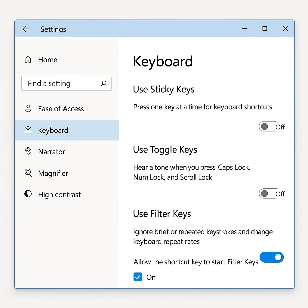 Illustration of Windows 10 settings screen showing how to turn off sticky keys in the Ease of Access and Keyboard settings.