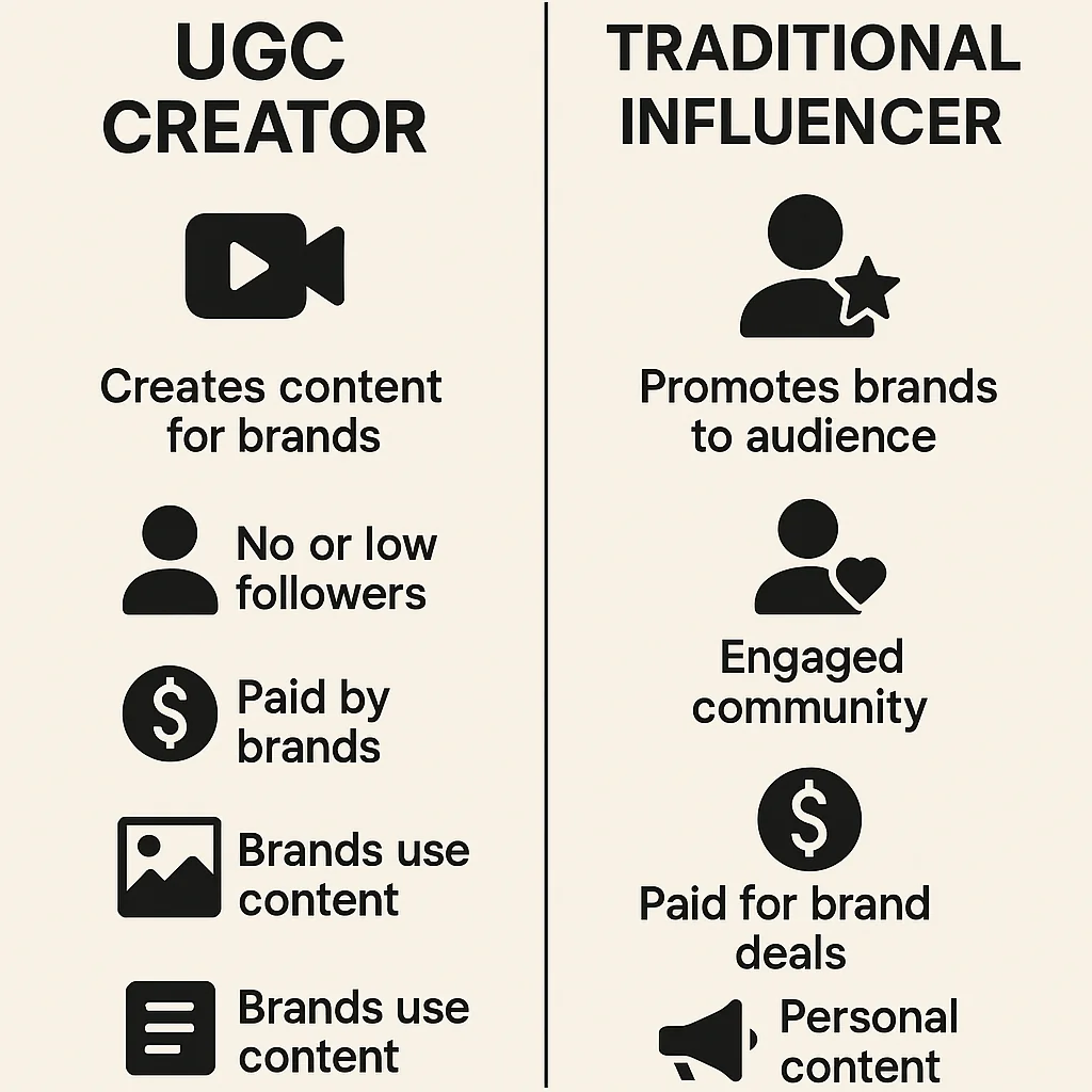 Infographic comparing UGC creators and traditional influencers, highlighting key differences in content creation and engagement.