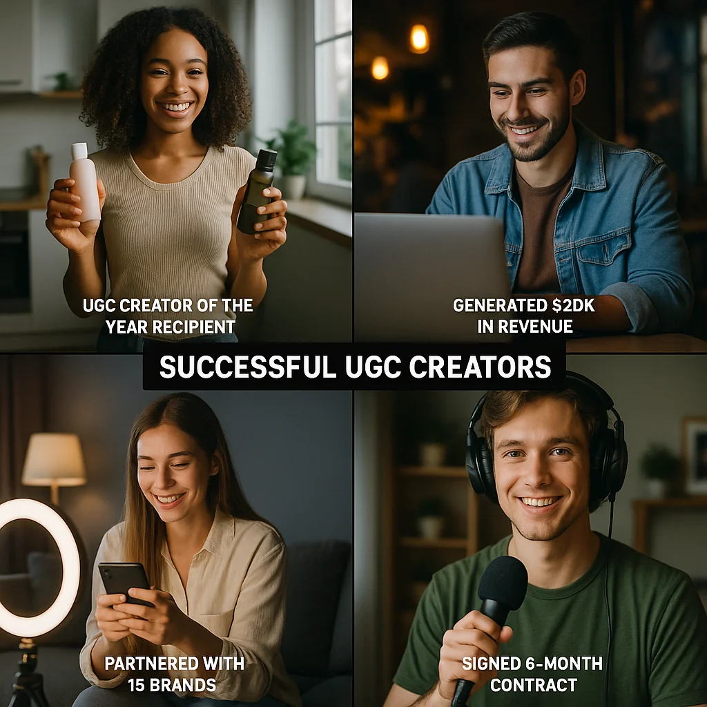 Collage of successful user-generated content creators with brief descriptions of their achievements.