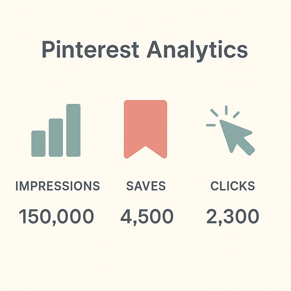 Infographic showing key Pinterest analytics metrics like impressions, saves, and clicks to track performance and adjust strategies.