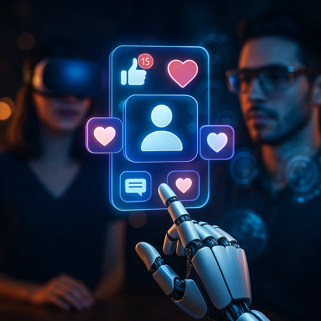 Image showing AI and emerging technologies like VR and AR shaping social media, with a robotic hand interacting with a holographic interface.