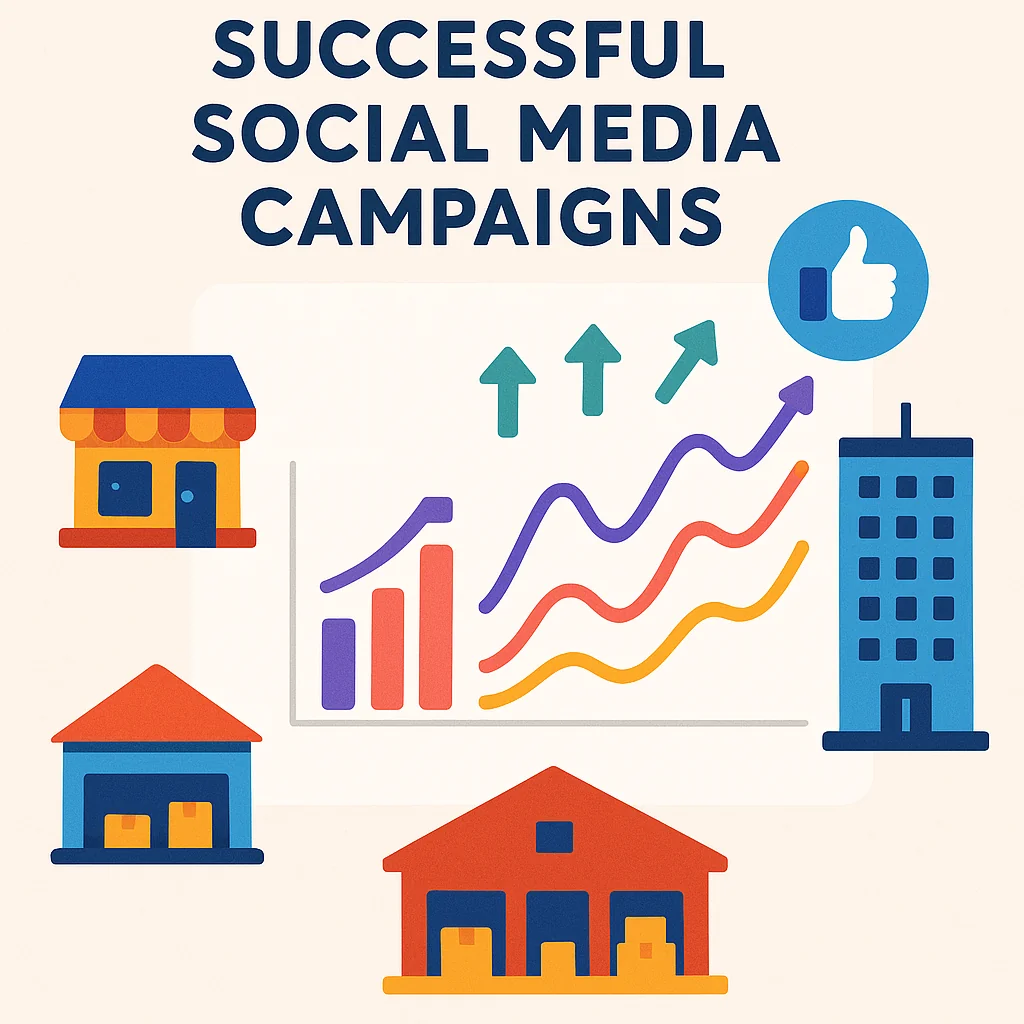 Illustration of successful social media campaigns for various business sizes, including campaign graphs and business icons.