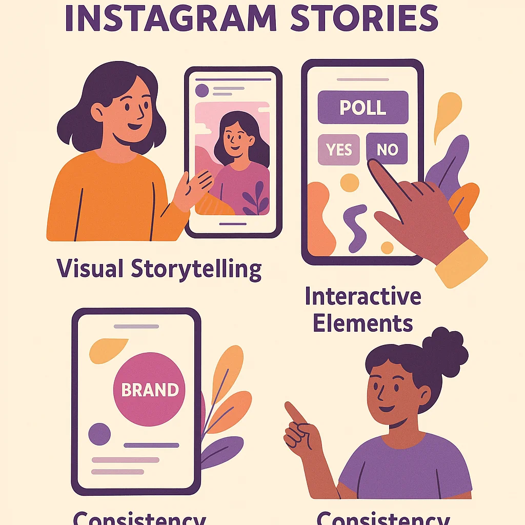 Illustration showing best practices for creating engaging Instagram Storylines, such as visual storytelling techniques and interactive elements.