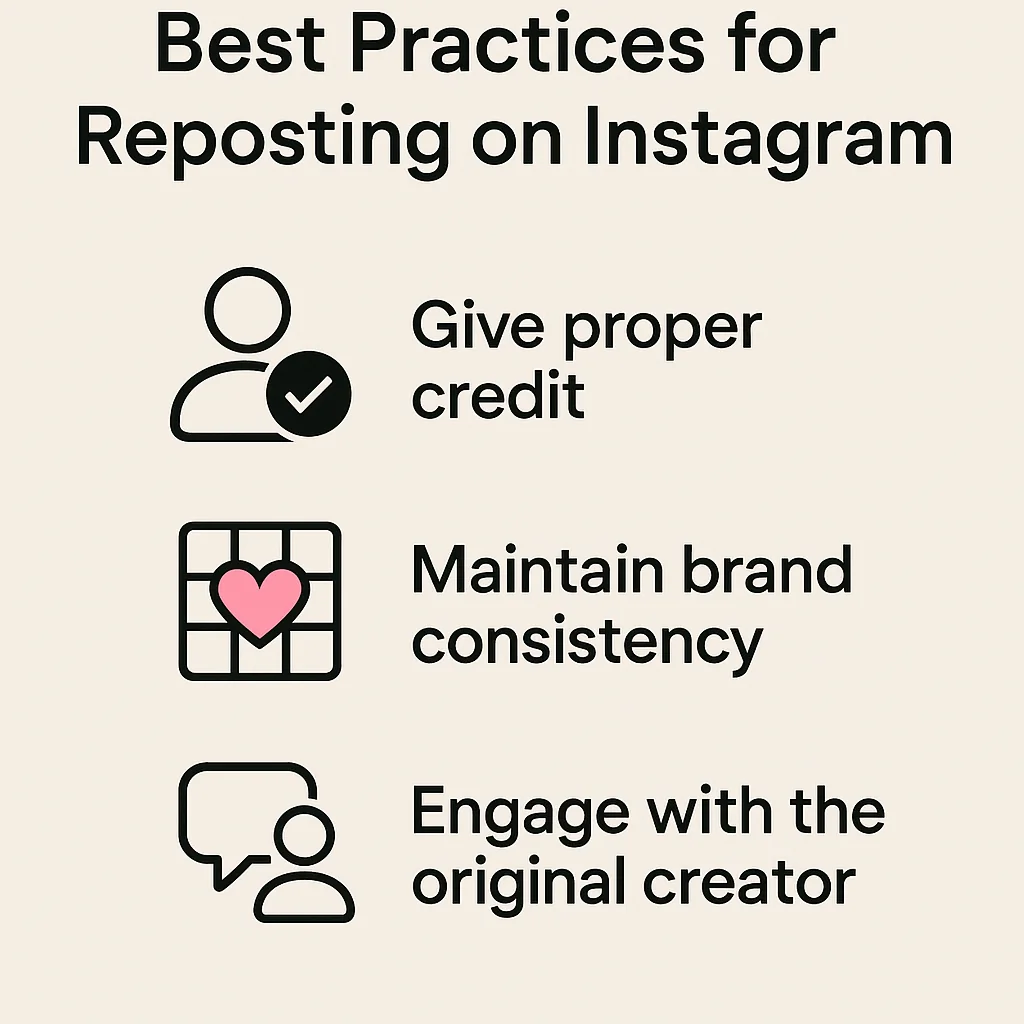 Chart illustrating best practices for reposting on Instagram, such as giving credit and maintaining brand consistency.