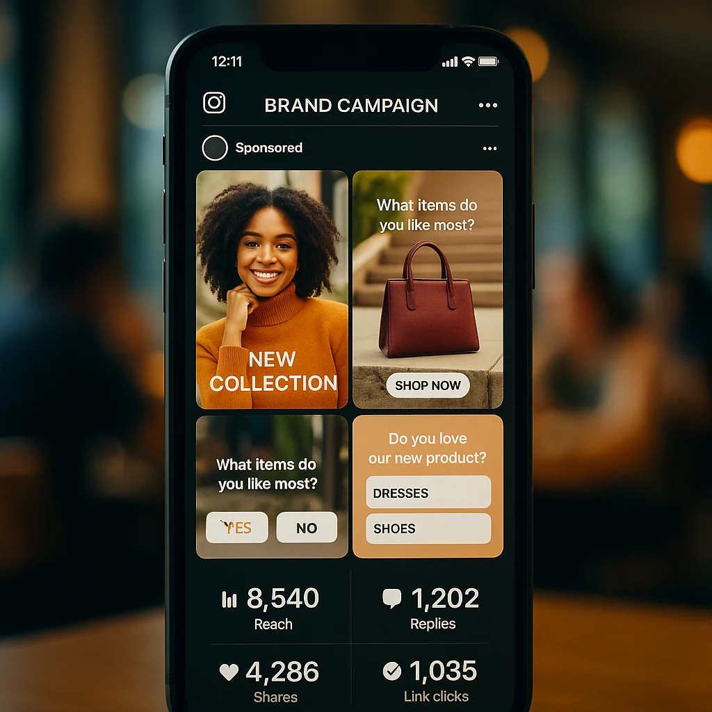 Photorealistic image showcasing a successful brand campaign using Instagram Storylines with examples of engaging stories and audience interaction.
