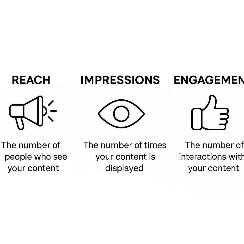 Infographic defining reach, impressions, and engagement with icons and brief descriptions.