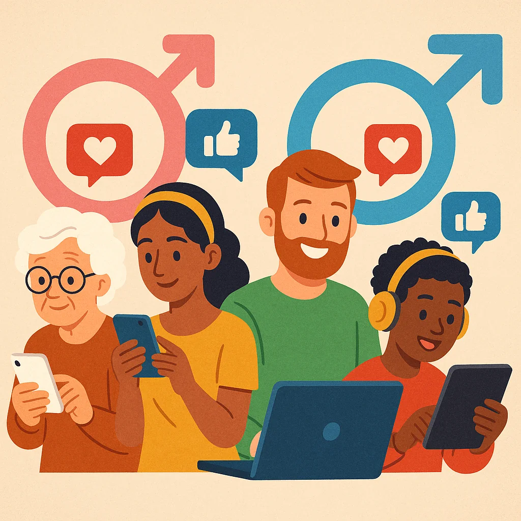 Illustration of diverse demographic groups using social media, highlighting age and gender differences in social media usage.