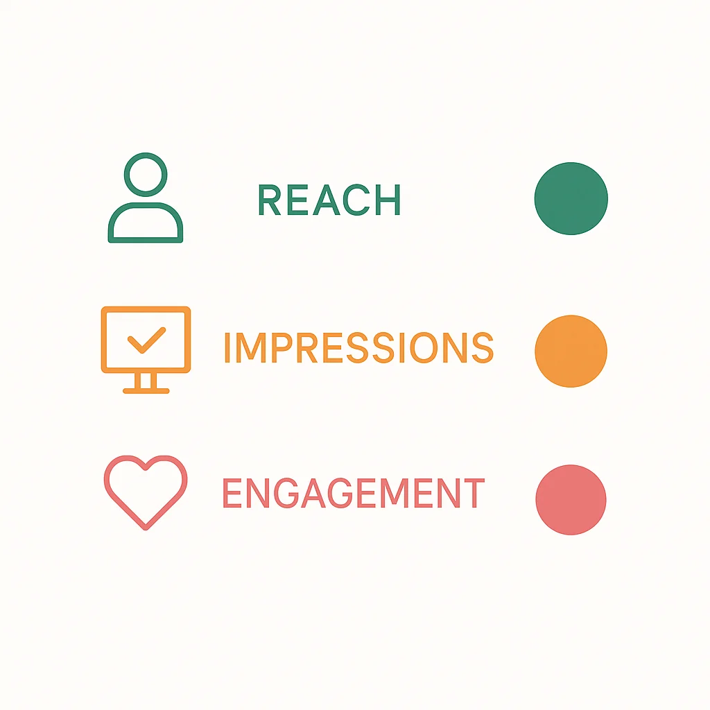 Chart comparing reach, impressions, and engagement with visual examples to illustrate the differences.