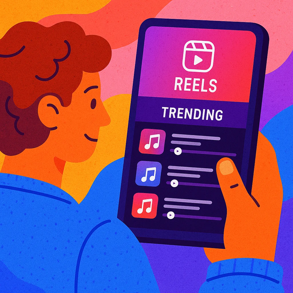 Illustration of a person selecting trending audio for Instagram Reels on a smartphone.