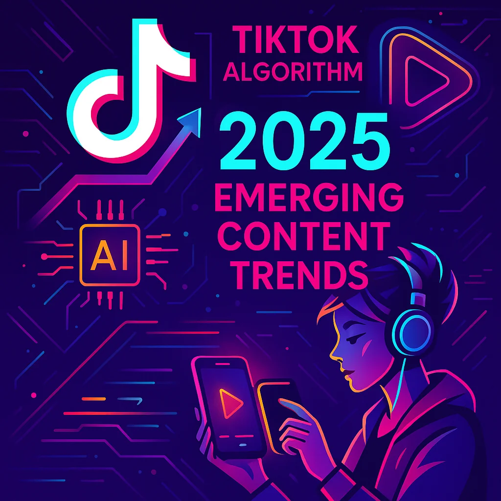 Illustration depicting future trends and predictions for TikTok in 2025, including algorithm changes and emerging content trends.