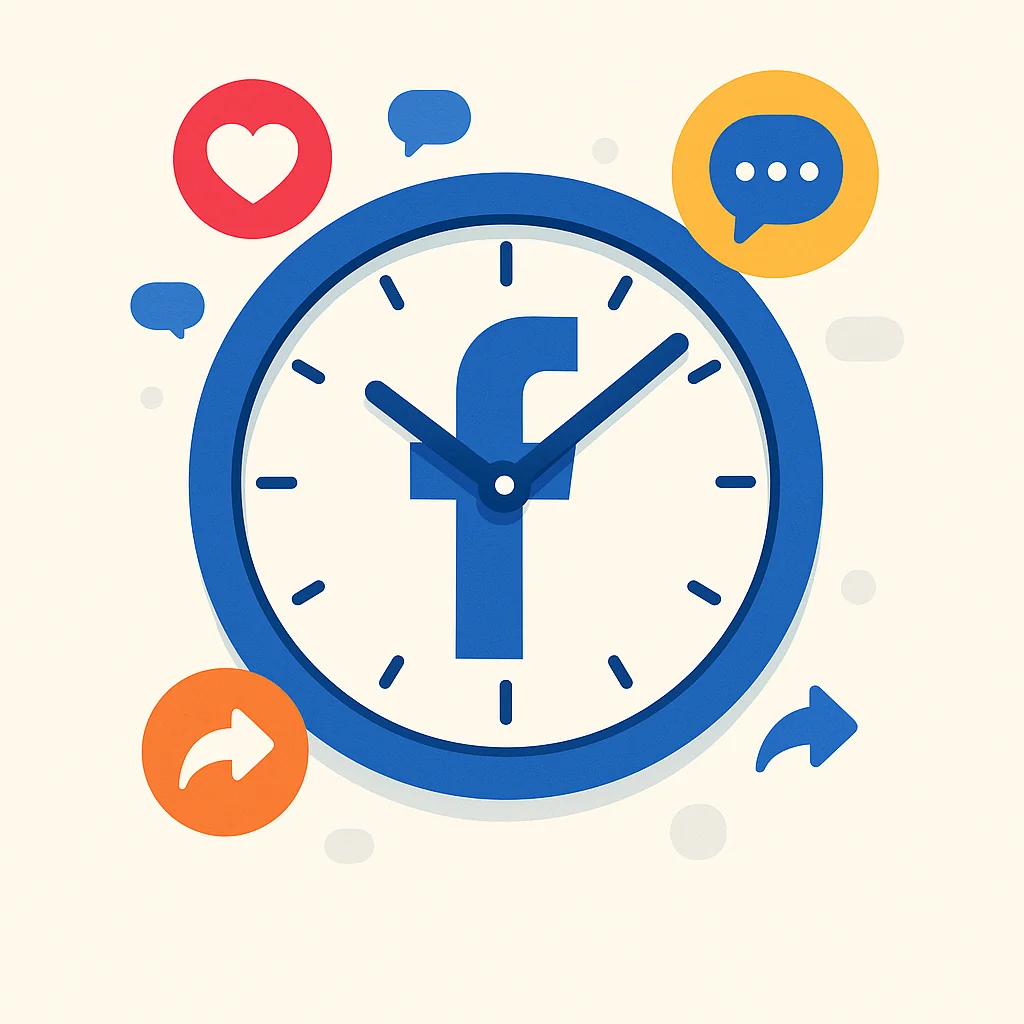 Illustration of a clock with Facebook's logo, highlighting the importance of post timing for engagement.